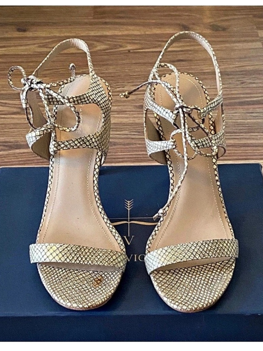 Pour La Victorie Elisa Snake-Embossed Ankle-Strap Heels